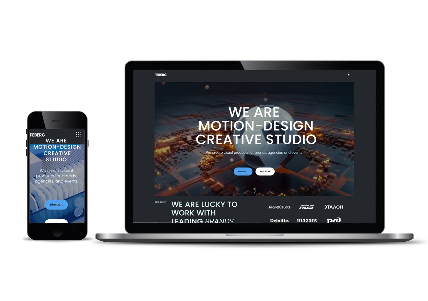 Responsive FEBERG creative studio website shown on desktop and mobile