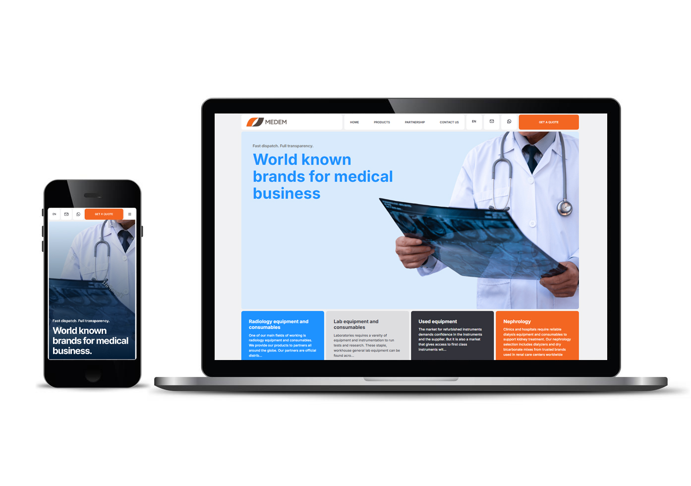 Responsive MEDem medical equipment website shown on desktop and mobile
