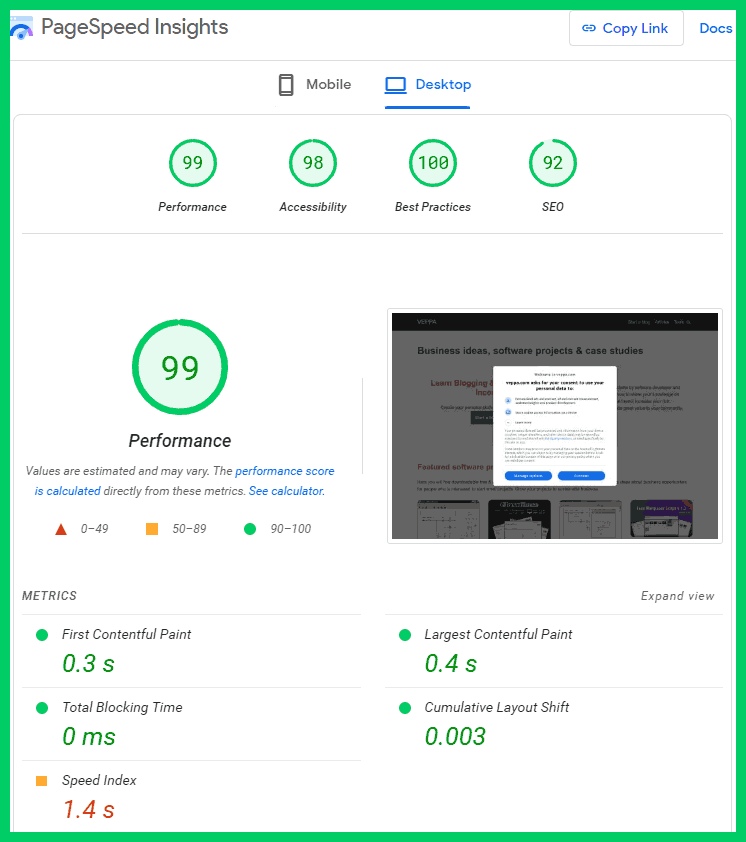 Google PageSpeed Insights performance score of 99